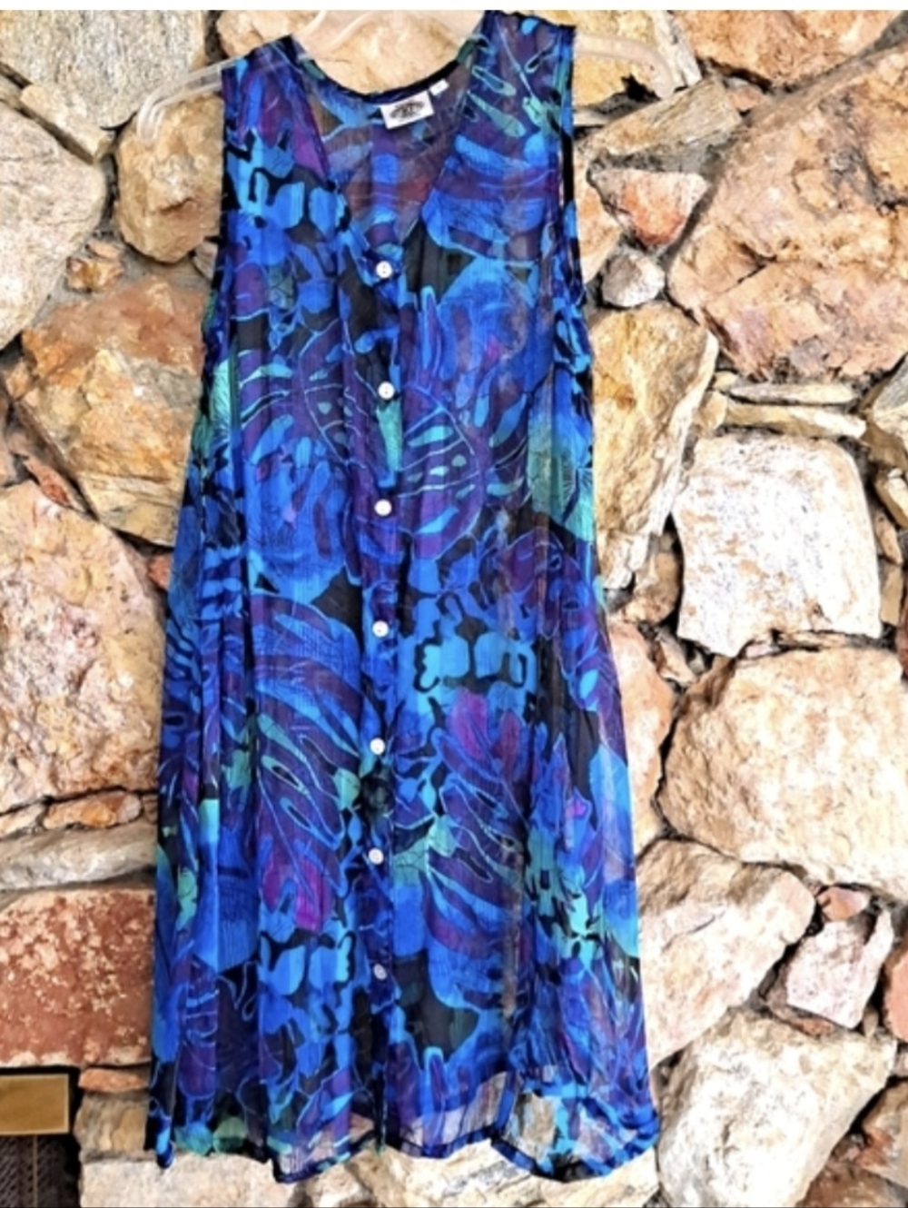Bathing Suit Cover Up Sheer Blue & Black Floral Button Down Size Small